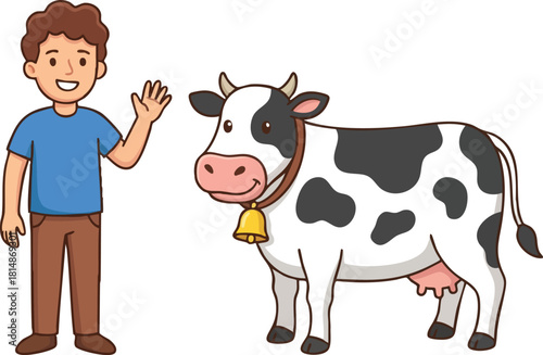 Boy waving hand standing next to black and white cow with bell vector illustration
