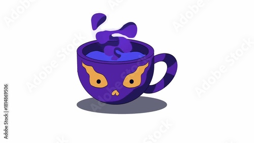 Purple cup with unique design that resembles a mysterious yellow face on the front. This visual is suitable for magic, halloween, or fantasy decorative elements