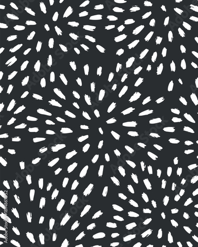 Stylish abstract pattern featuring white brush stroke dots on a dark background for modern design projects and textiles