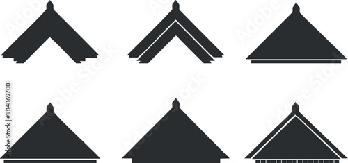 Set of modern black vector icons depicting various roof designs for architectural and construction projects
