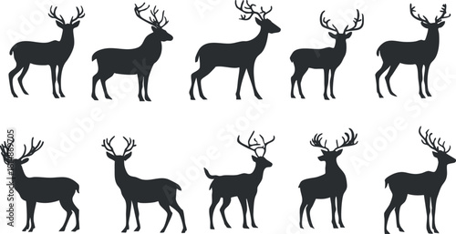 Stylized silhouette vector icon set of deer featuring various poses and antler designs for nature-themed projects