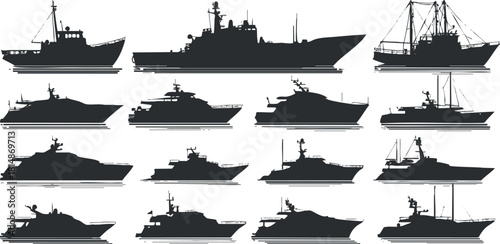 Collection of silhouette vector illustrations of various ships and boats for maritime design and nautical themes