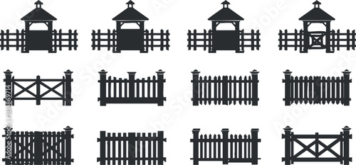 Collection of vector silhouettes featuring various fence designs, ideal for garden landscaping and outdoor decoration projects