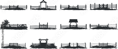 Silhouette vector icon set featuring various styles of wooden fences and gates for landscape design and decoration