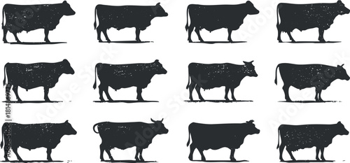 Silhouette vector icon set showcasing various cow designs, ideal for farm-themed branding and agricultural projects