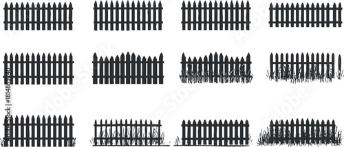 Collection of black silhouette vector illustrations of picket fences with various grass designs for landscaping and garden projects