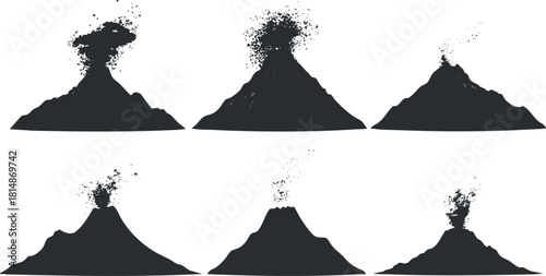 Silhouette vector illustration set of volcanic eruptions showcasing various mountain shapes and ash clouds for environmental designs.