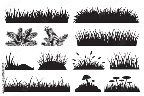 grass silhouette elements meadow plants mushrooms landscape set