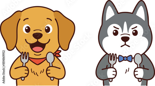 Happy brown dog and serious gray husky holding fork and spoon cute cartoon pets vector illustration