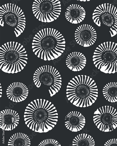 Seamless black and white vector pattern featuring stylized ammonite fossils, ideal for textile design and creative projects