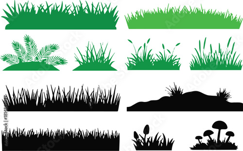 grass vector silhouettes meadow plants and mushroom icons pack