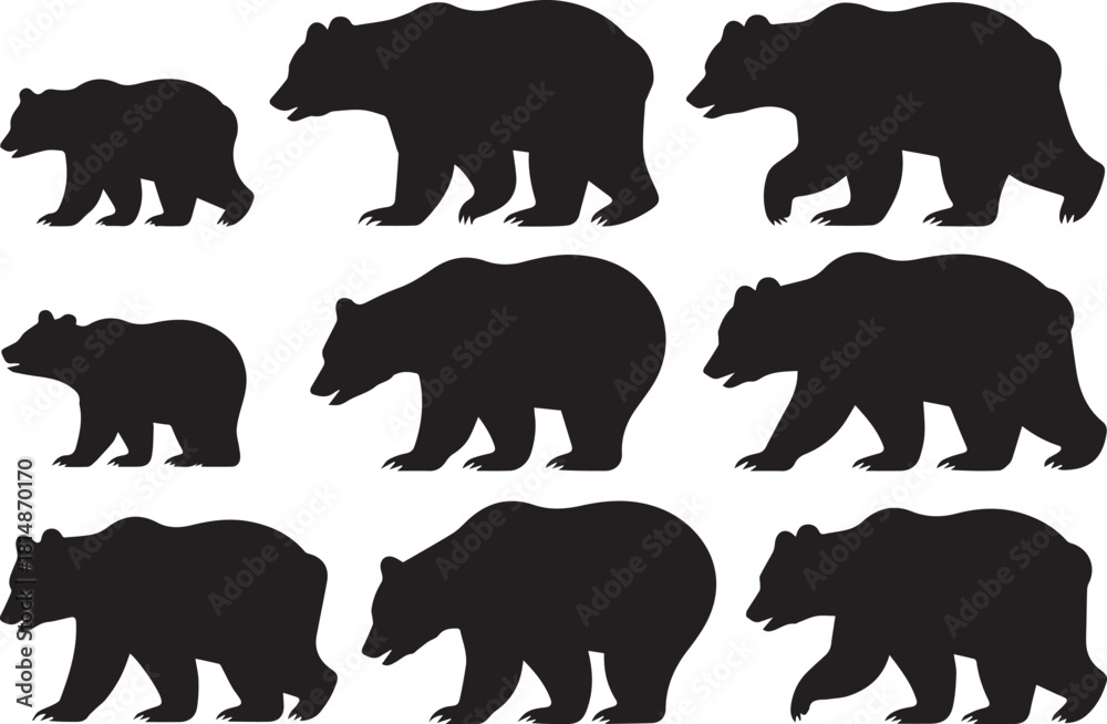 Fototapeta premium bear silhouettes 3x3 grid different walking poses side view vector