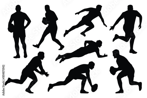 rugby player silhouette motion poses passing running diving eight vectors