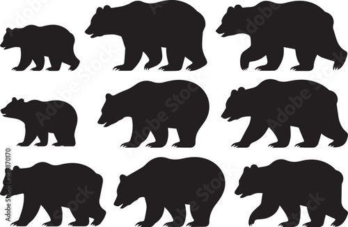 bear silhouettes 3x3 grid different walking poses side view vector