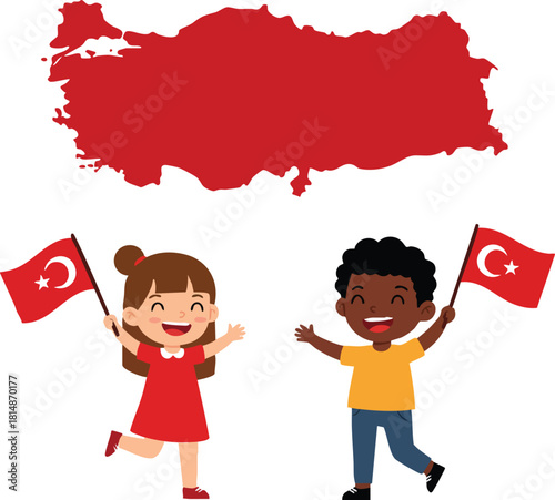 Children holding turkish flags with red map of turkey background vector illustration happy kids patriotic celebration