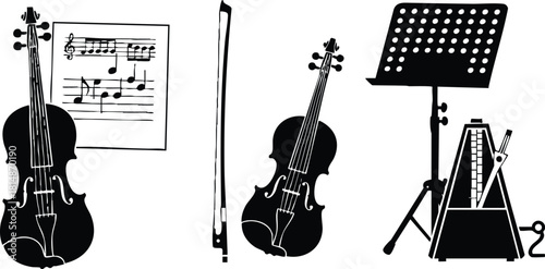 Violin instruments, sheet music, and metronome create a harmonious music-themed illustration for musicians and music lovers 