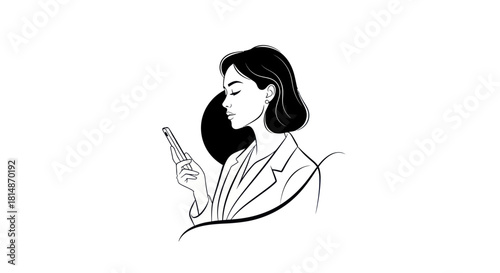 Minimalist line art of a young woman engrossed in her smartphone.