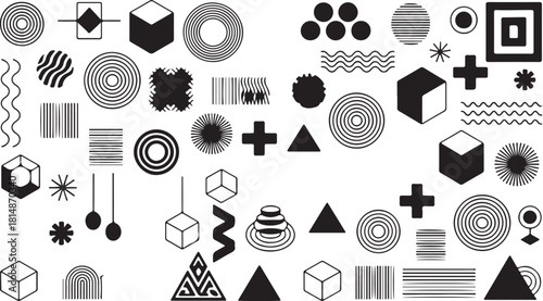 geometric pattern grid of black and white abstract shapes and motifs