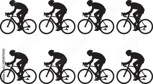 cyclist bicycle silhouette row of eight cycling icons