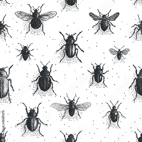 Vintage black and white vector pattern featuring various detailed insect illustrations for textile and wallpaper design