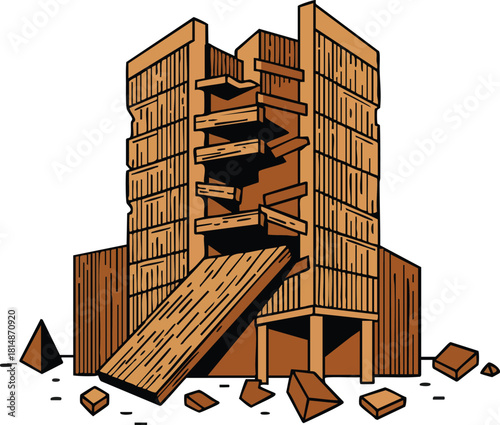 Wooden fortress castle building structure medieval architecture with ramp and rocks vector illustration