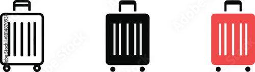 suitcase icon pack three variations red black outline vector set