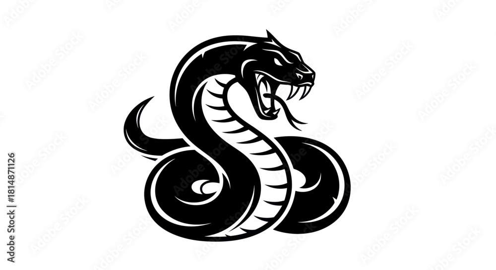 Fototapeta premium Stylized Black Snake Illustration with Visible Fangs and Tongue.