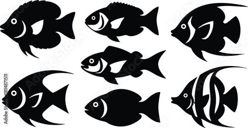 Various fish silhouettes illustrated in black, showcasing diverse species and forms in a striking vector format 