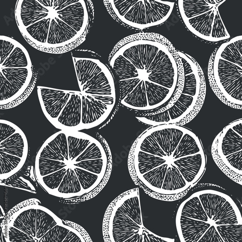 Hand-drawn black and white vector pattern featuring lemon slices, ideal for food-themed designs and culinary projects