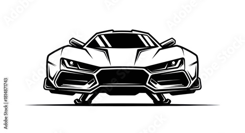 Futuristic Sports Car Design Front View Black and White.