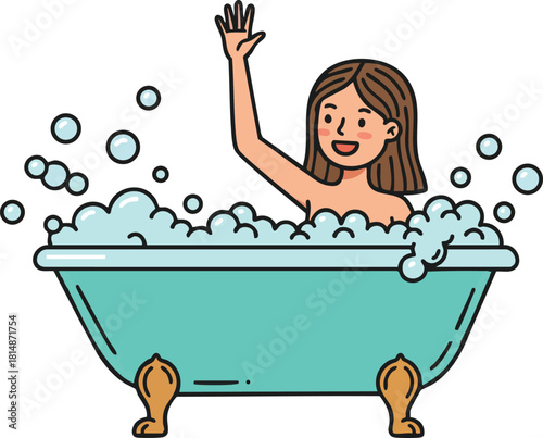 Girl enjoying bubble bath in vintage clawfoot bathtub happy and playful vector illustration