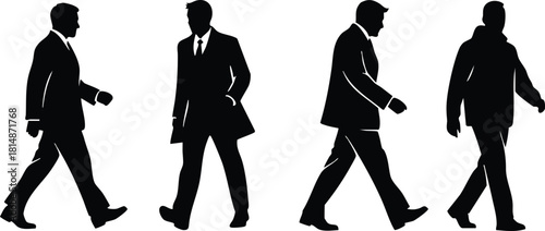 Silhouetted men walking in various business attire showcasing professional styles and postures in a vector illustration 