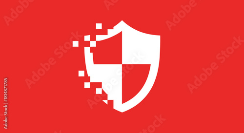 White shield halves, red background, pixelated edge