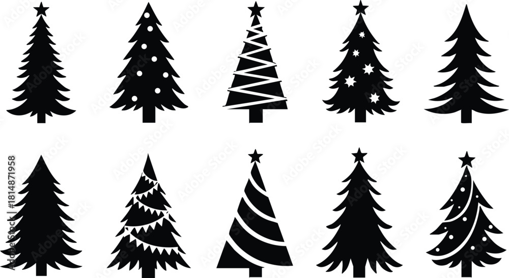 Obraz premium Christmas tree vector illustrations featuring various styles and designs for festive decorating and holiday celebrations