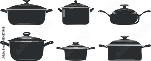 Silhouette vector icon set featuring various types of cookware for kitchen and culinary design projects