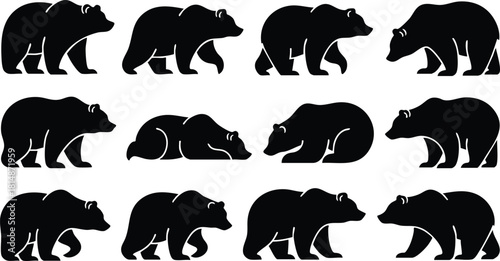 Bear silhouettes showcasing various poses and movements in a creative vector format for artistic projects and designs 