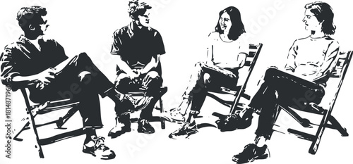 Minimalist black and white vector illustration of four people engaged in a discussion, ideal for teamwork and collaboration themes.