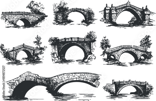 Collection of vintage-style vector illustrations depicting various architectural bridges over water for design projects.
