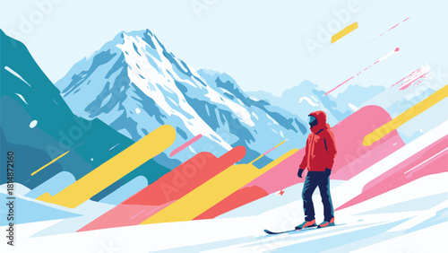 Skier in Colorful Mountain Landscape Vector