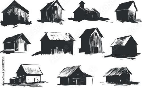 Silhouette vector illustration collection of rustic barns and farmhouses in a minimalist style for design projects