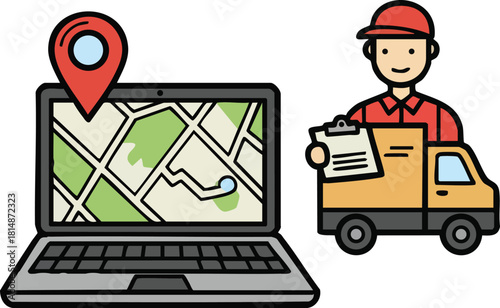 Delivery service tracking with laptop map location and courier driver holding package vector illustration