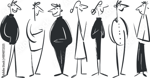 Playful vector illustration featuring a diverse group of stylized characters in a minimalist line art style for creative projects.