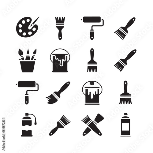 paintbrush tool icons painting supplies palette roller can spray vector