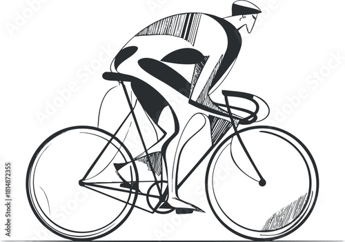 Stylized vector illustration of a cyclist in motion, featuring a minimalist black and white design suitable for sports and fitness themes