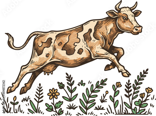 Jumping cow with brown spots over wild plants hand drawn vintage style vector illustration