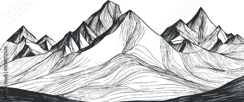Stylized black and white vector illustration of mountain landscape with wavy lines and peaks for art and design projects