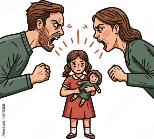 Child caught between angry parents shouting at each other vector illustration