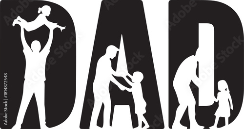 father silhouette in letters dad with child lifting and holding hands