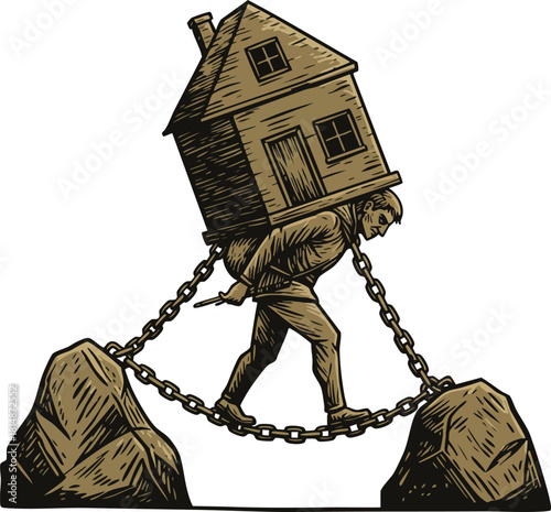 Man carrying heavy house burden walking on chain between rocks illustration vector