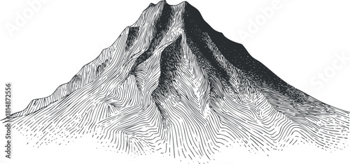 Stylized black and white vector illustration of a mountain with intricate line work, ideal for nature-themed projects
